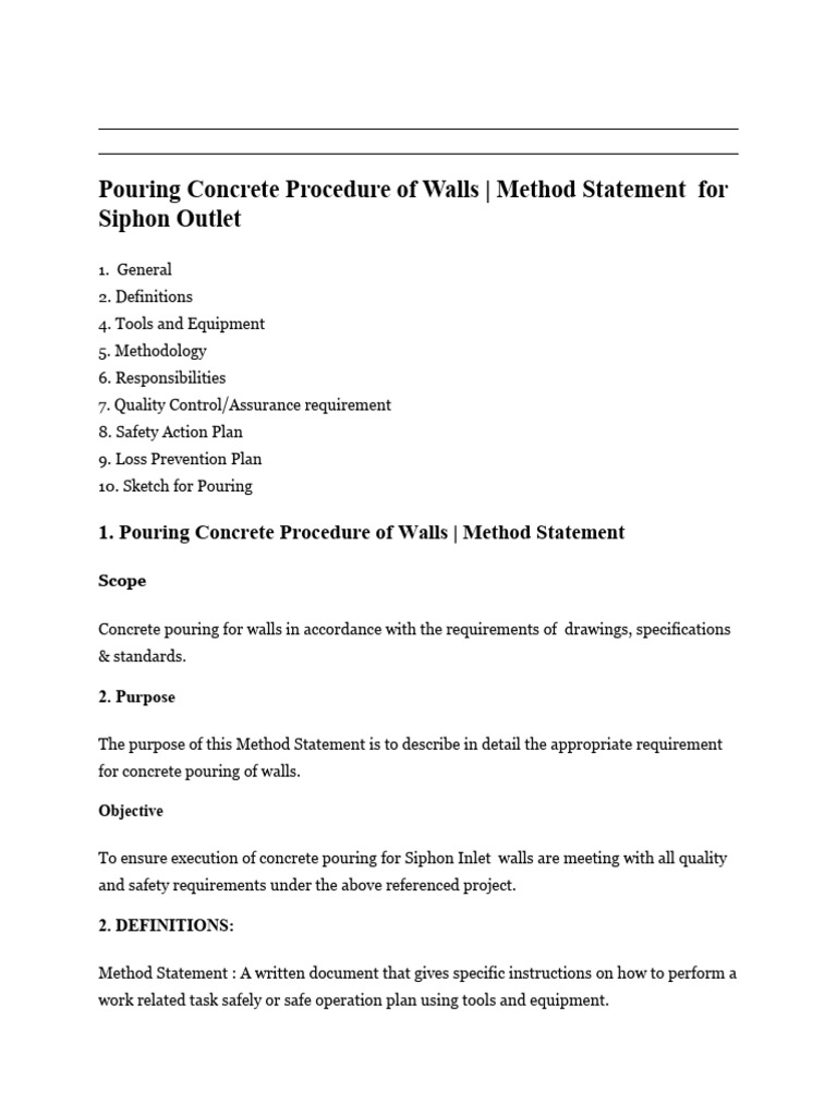 Pouring concrete procedure of walls method statement siphon outlet