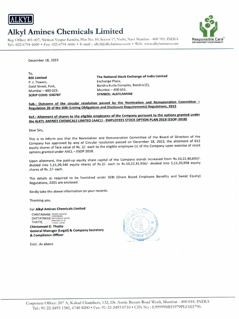 Allotment of shares esop december 2023 pdf stocks stock exchange