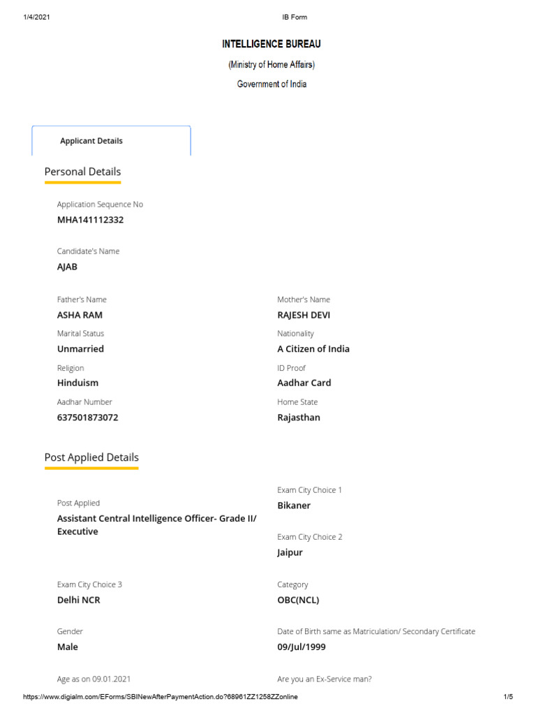 IB Form for Assistant Central Intelligence Officer | PDF