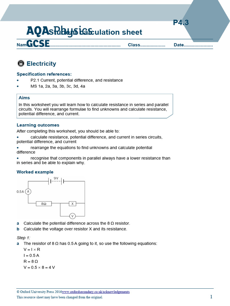 Electricity Calculations Worksheet | PDF | Voltage | Series And ...