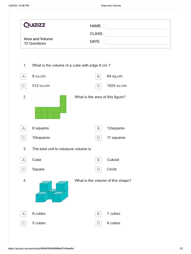 Area and Volume Worksheet | PDF | Area | Volume