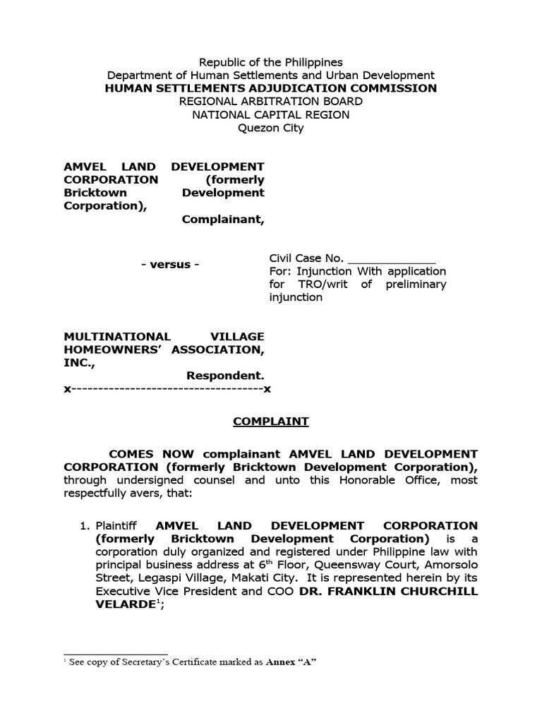 complaint-hsac-amvel-land-vs-multi-hoa-re-maynilad-connection