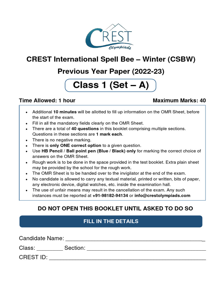 CSBW Previous Year For Class 1 | PDF