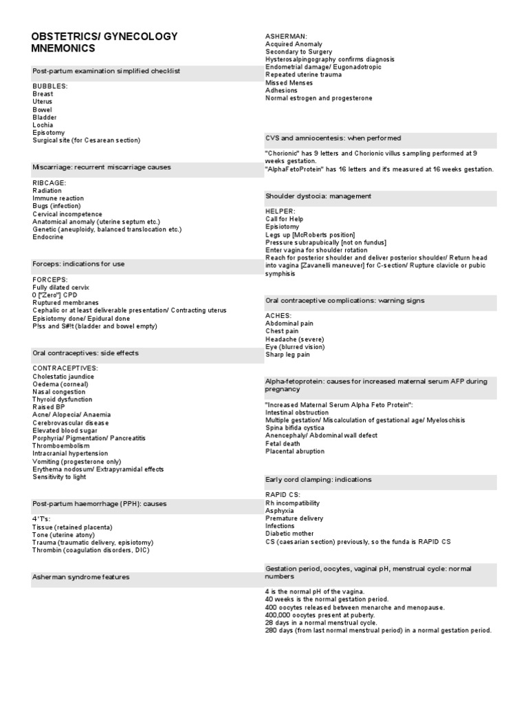 Obgyn Mnemonics | PDF | Childbirth | Miscarriage