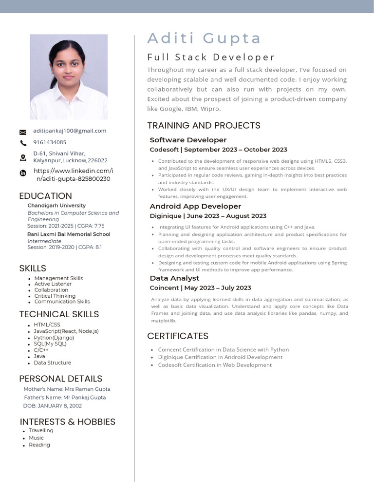 Aditi Gupta: Full Stack Developer Profile | PDF | Java Script ...