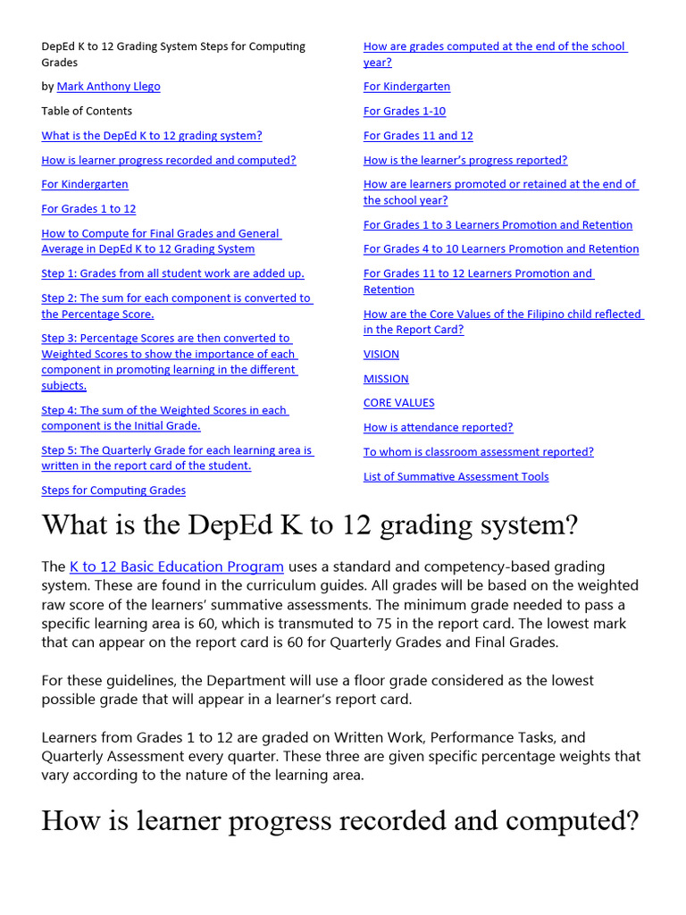 DepEd K To 12 Grading System Steps For Computing Grades | PDF ...