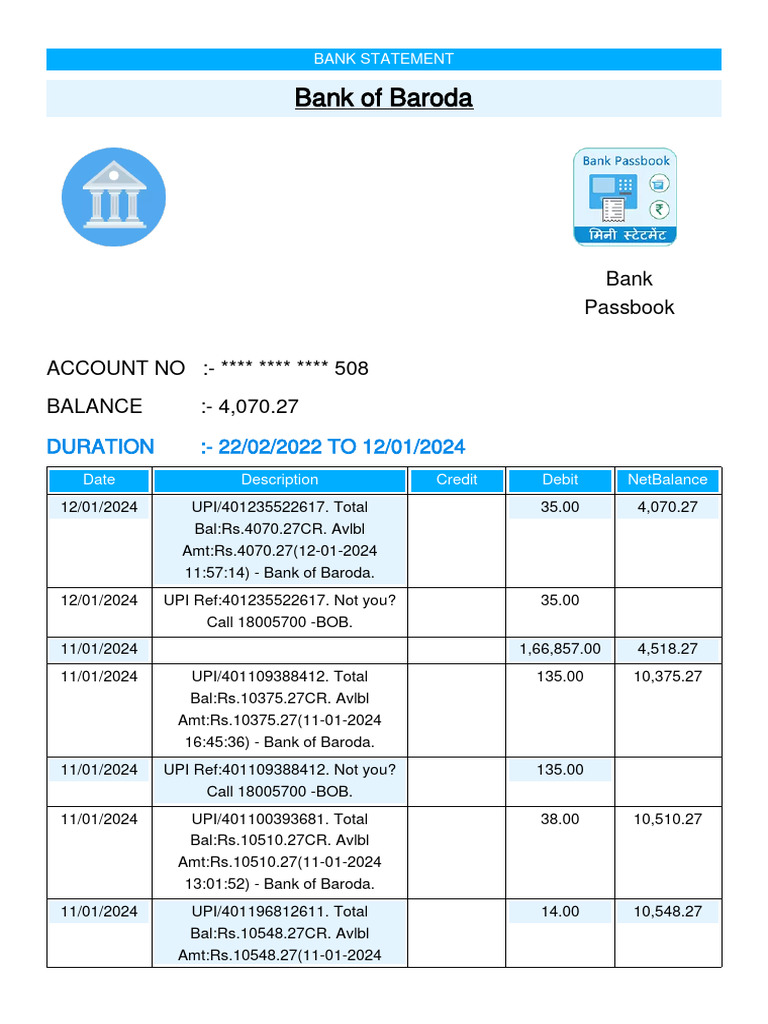 Bank of Baroda Statement Overview | PDF | Banks | Money