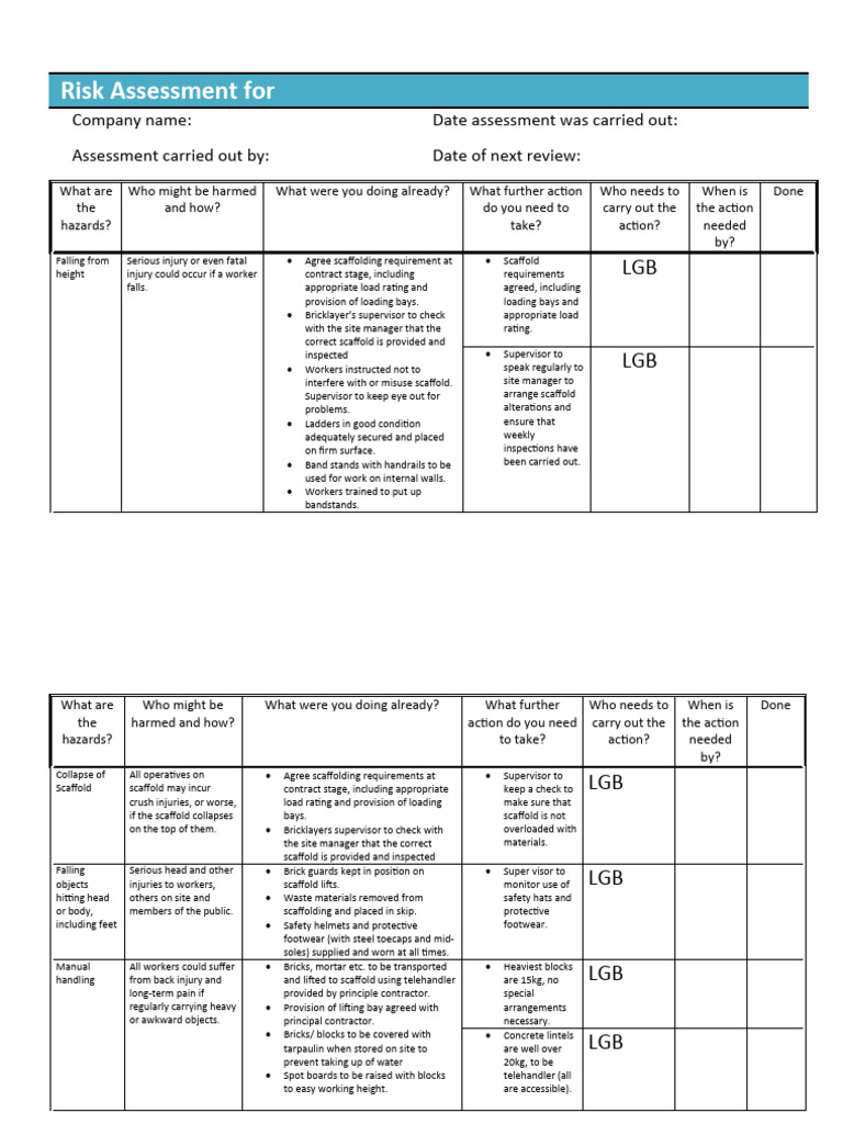 Example Risk Assessment PDF Safety Scaffolding