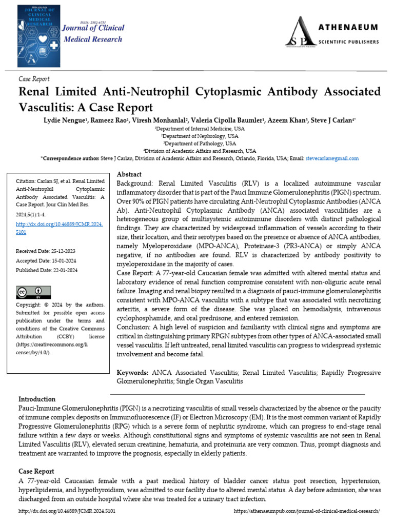 Renal Limited Anti Neutrophil Cytoplasmic Antibody Associated
