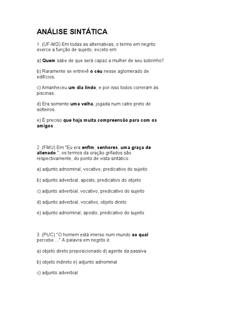 250 Exercícios ANÁLISE SINTÁTICA | PDF | Assunto (Gramática ...