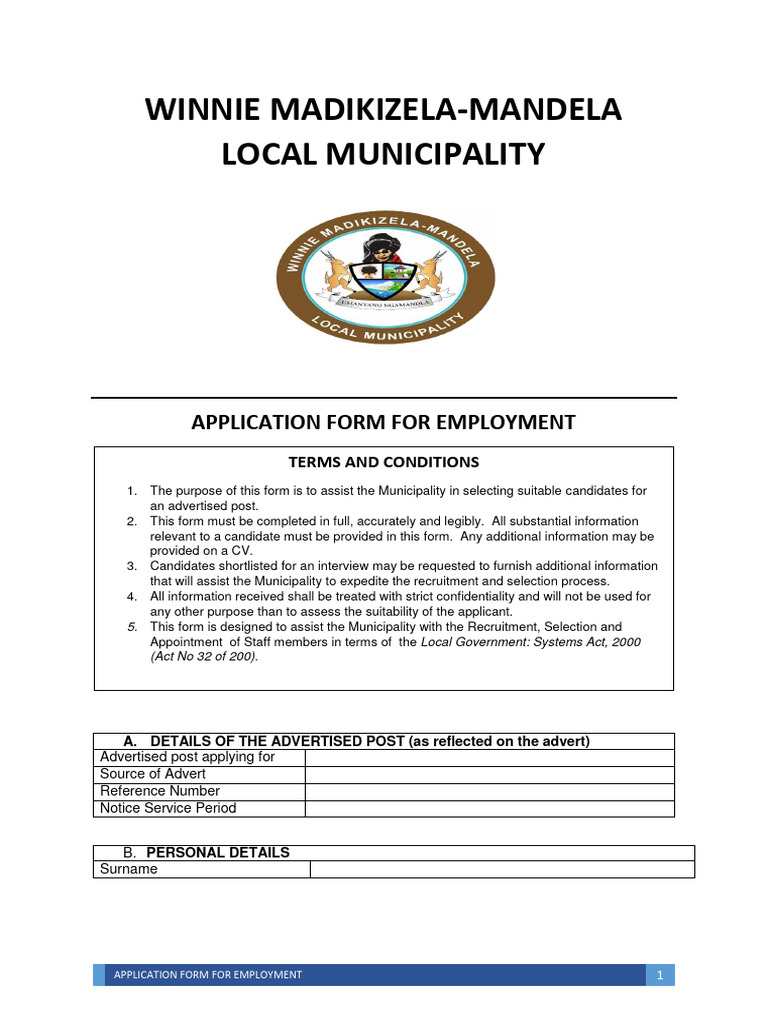 Winnie Madikizela-Mandela Job Application Form | PDF | Recruitment ...