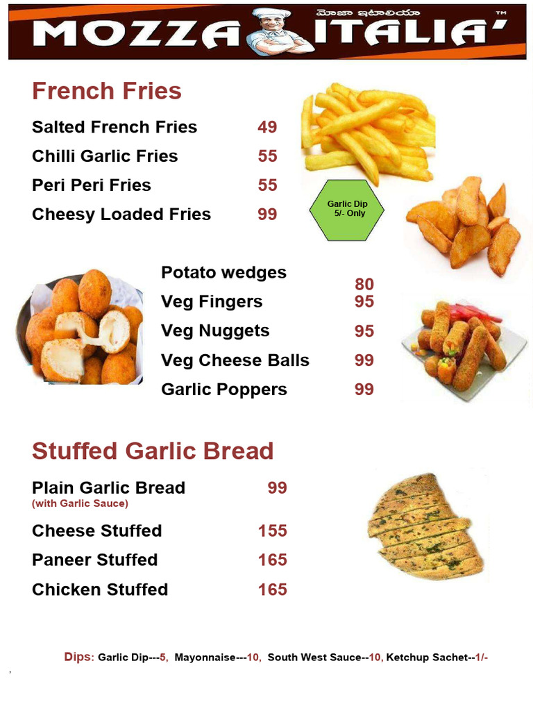 Mozza Italia Menu Highlights | PDF | French Fries | Hamburgers