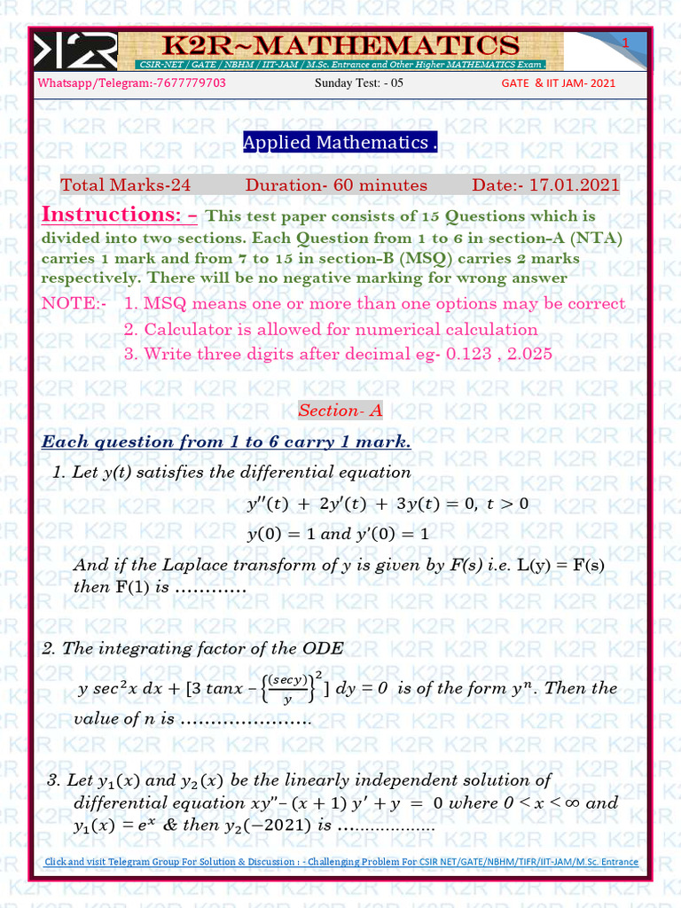 GATE Sunday Test-5, Applied Maths, K2R | PDF | Ordinary Differential ...