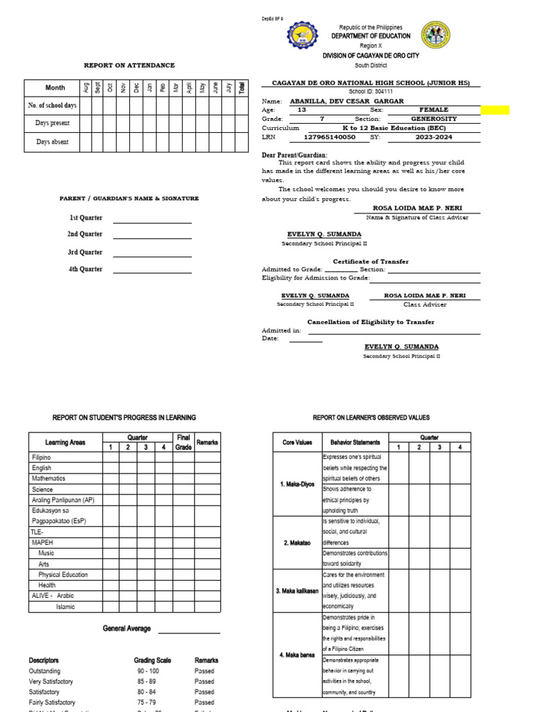 Sf9 Card Bec Sped Ohss 7-10-23-24 | PDF