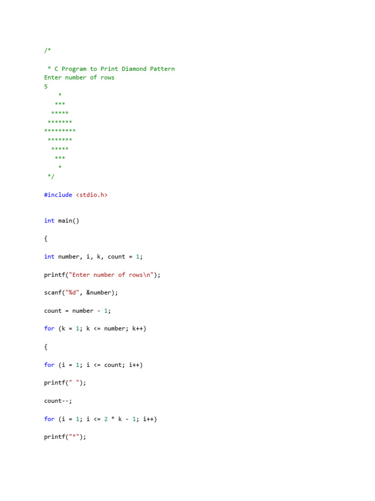 C Program To Print Diamond Pattern | PDF