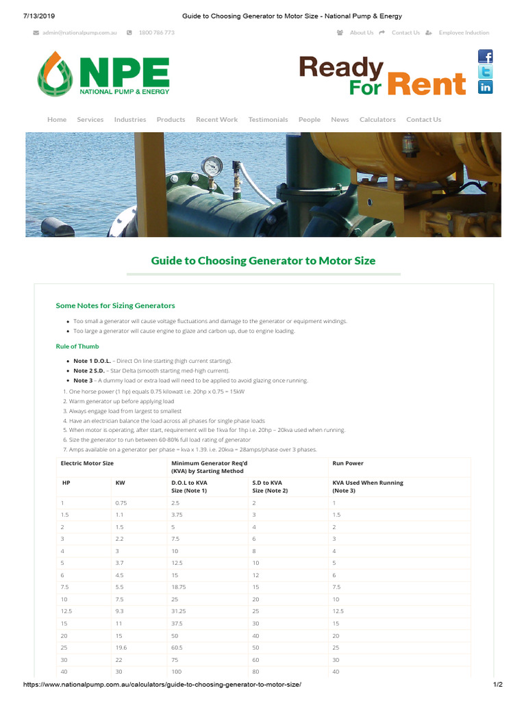 Guide To Choosing Generator To Motor Size National Pump & Energy PDF Electric Generator
