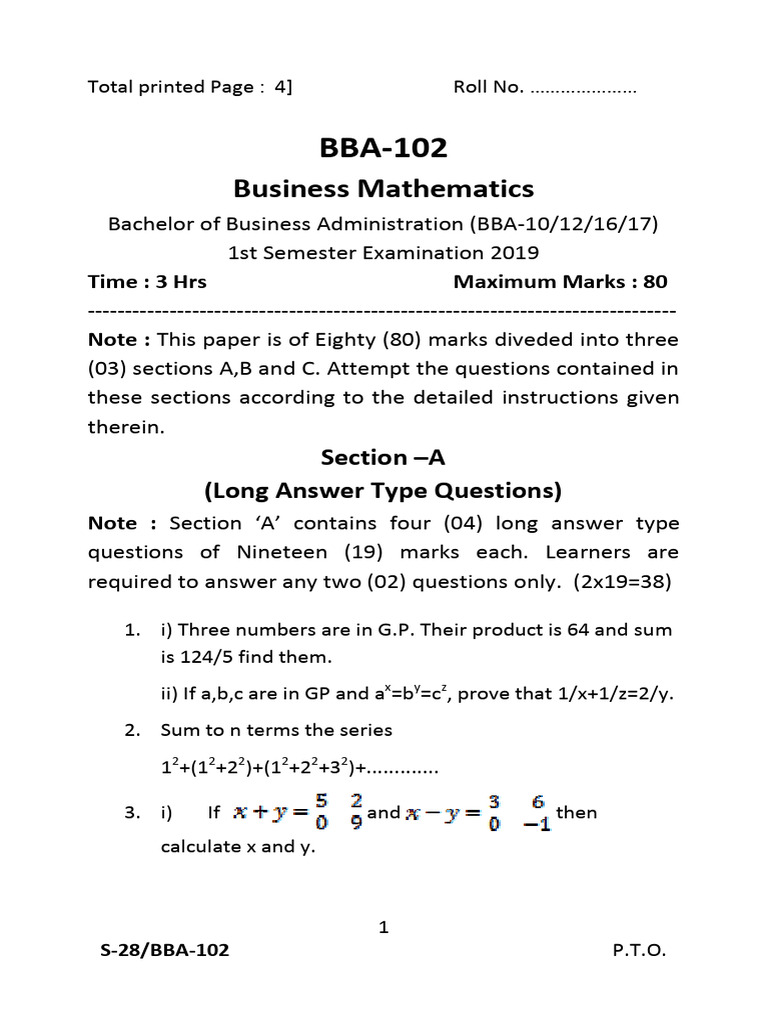 Business Mathematics Exam Paper BBA 1st Sem | PDF | Mathematics | Algebra
