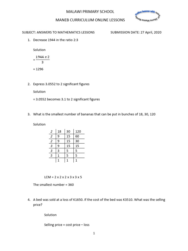 Malawi Primary School Math Solutions | PDF | Ratio | Economies