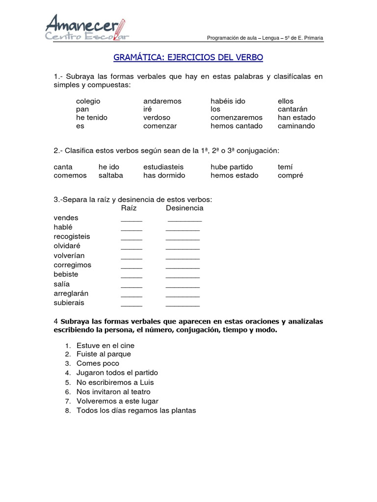 El Verbo Ejercicios de Repaso | PDF | Verbo | Conjugación gramatical