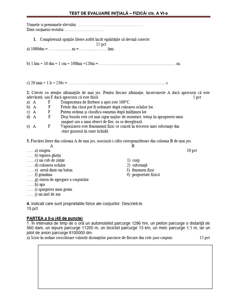 Test Initial Fizica Cls VI | PDF
