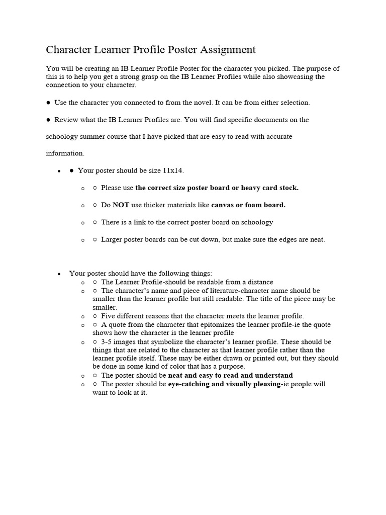 Character Learner Profile Poster Assignment | PDF