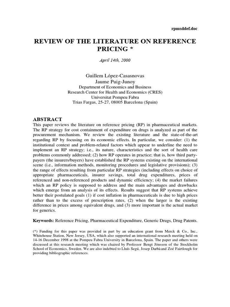 Literature Review on Reference Pricing | PDF | Generic Drug ...