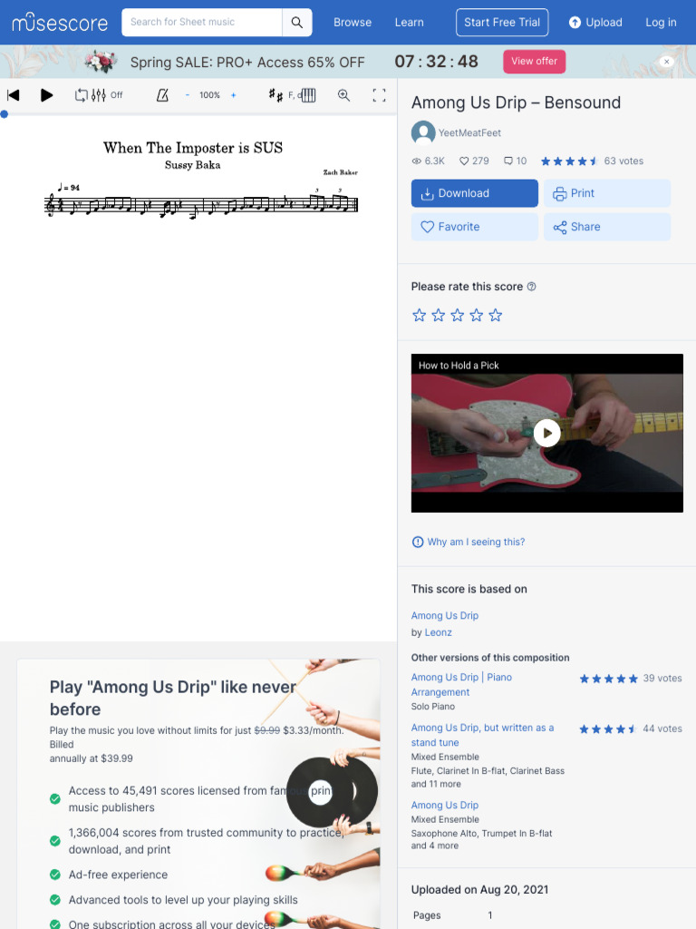 Among Us Drip Bensound Sheet Music For Trumpet in B Flat (Solo