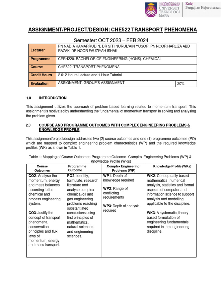 CHE522 Momentum Transport Assignment | PDF | Fluid Dynamics | Engineering