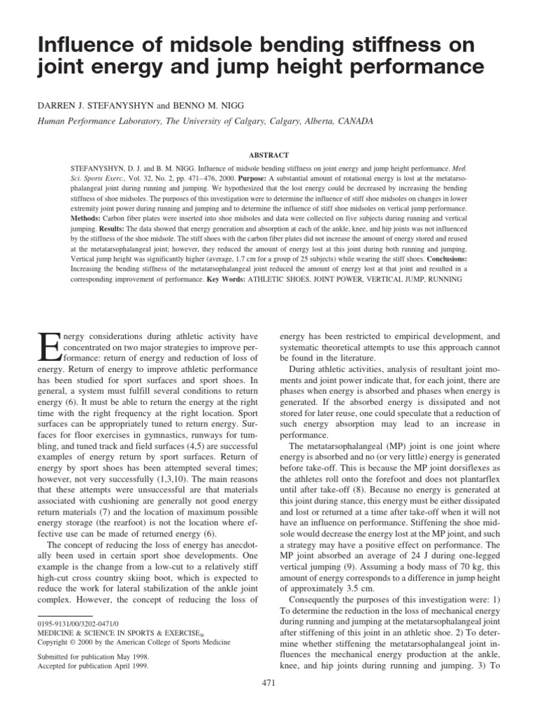 Influence of Midsole Bending Stiffness On Joint Energy and Jump Height ...