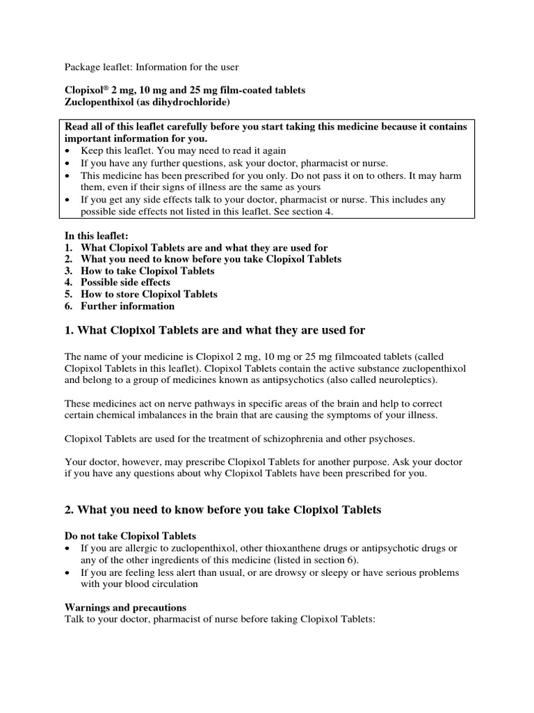 Clopixol patient information leaflet 2mg 10mg 20mg from mind org
