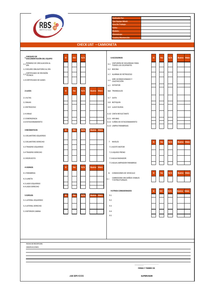 JAB-SGI-F-007 Formato Check List Inicial para Camionetaxlsx | PDF ...