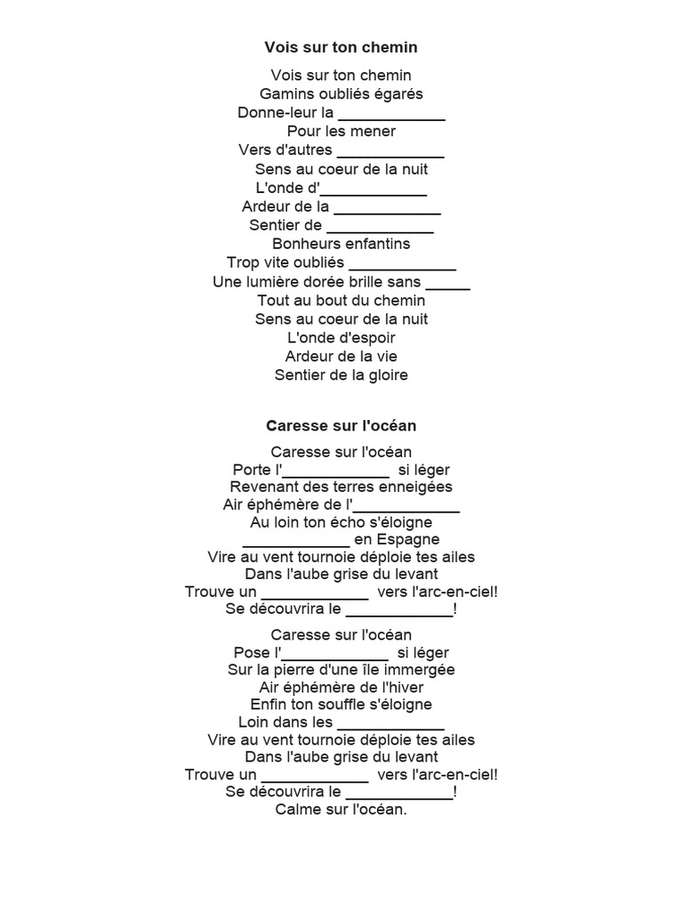 Paroles de "Vois sur ton chemin" | PDF