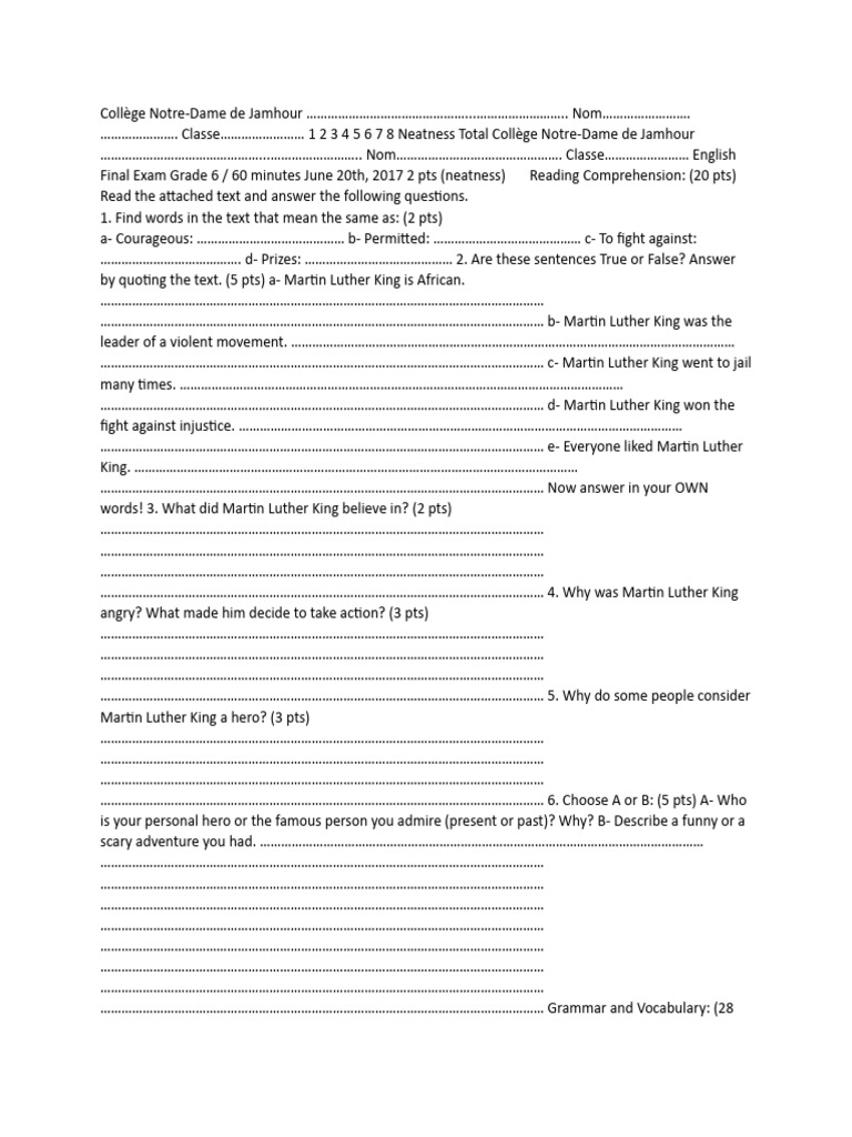 Final Exam Grade 6 Pdf Martin Luther King Jr
