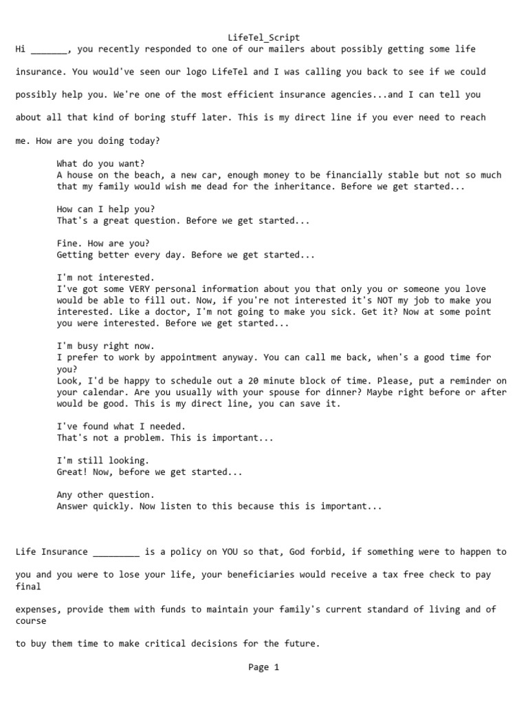 Lifetel script 1 pdf life insurance
