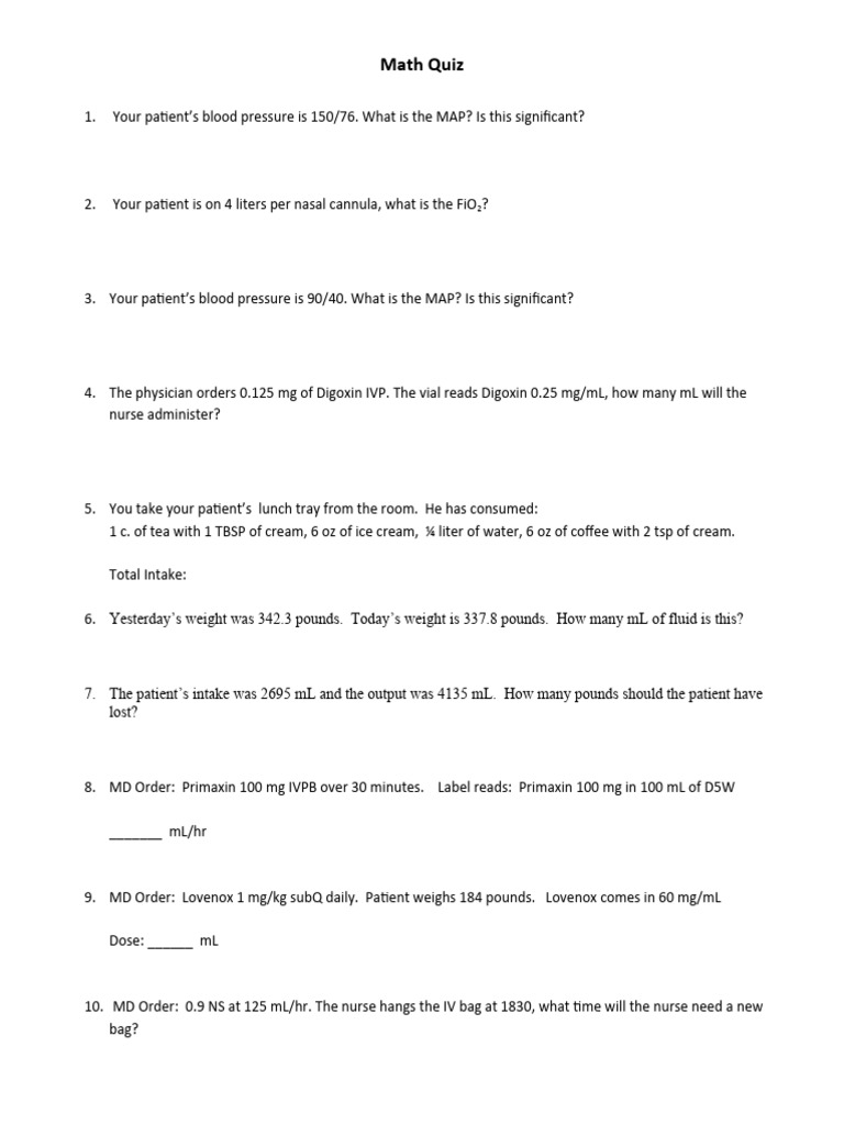 Math Quiz Week 2 Pdf Clinical Medicine Drugs