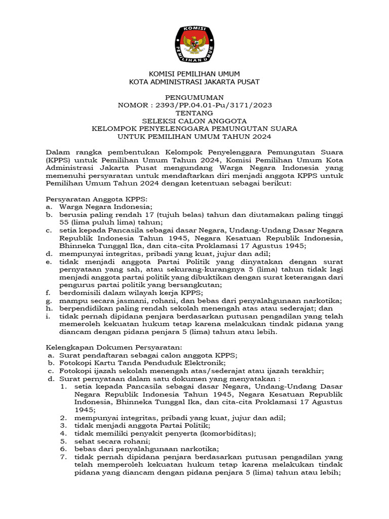 1702169612pengumuman Kpu Pendaftaran Kpps | PDF