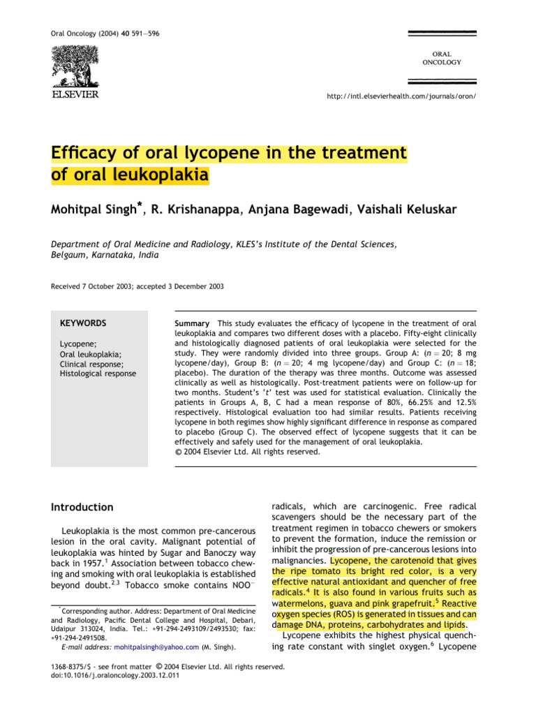 Efficacy of Oral Lycopene in The Treatment of Oral Leukoplakia PDF