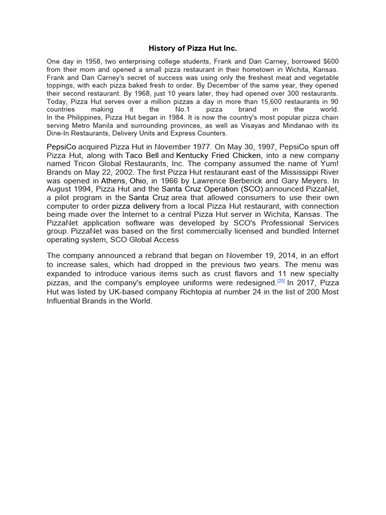 History of pizza hut inc pdf