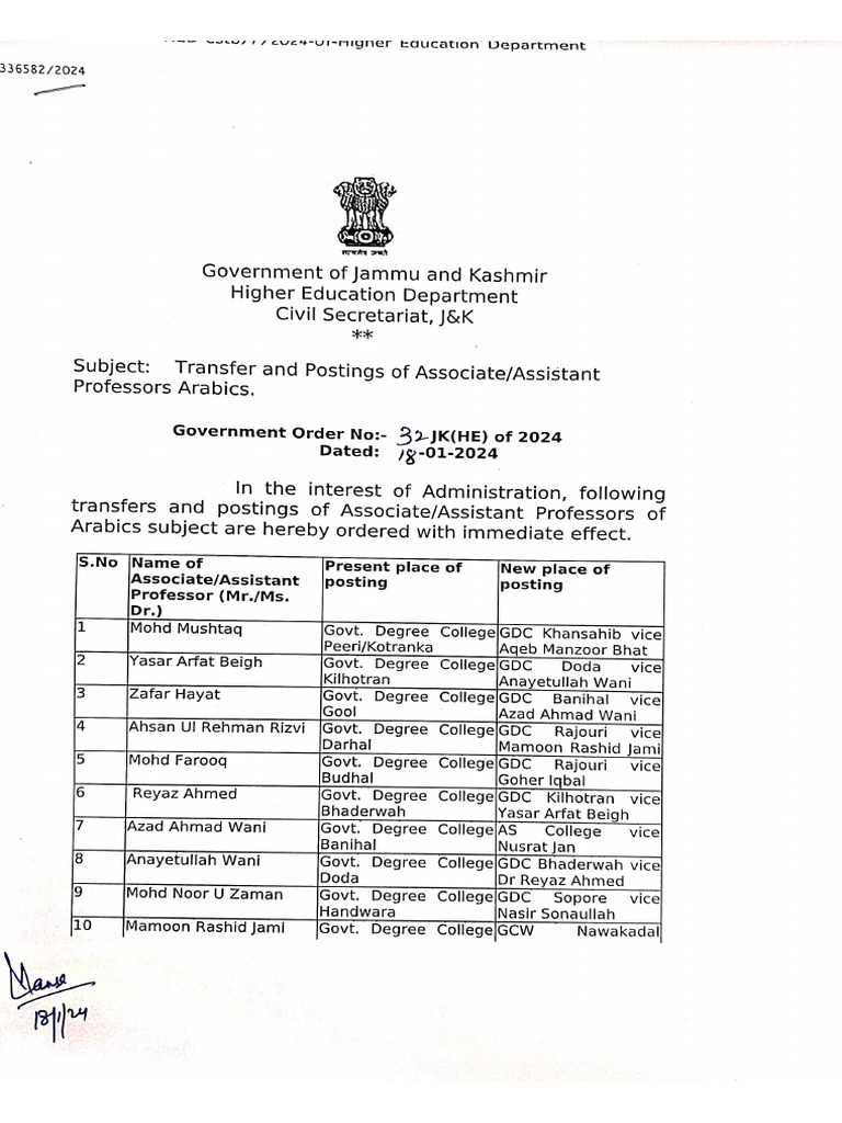 Transfer and Posting of Associate - Assistant Professors Arabics ...