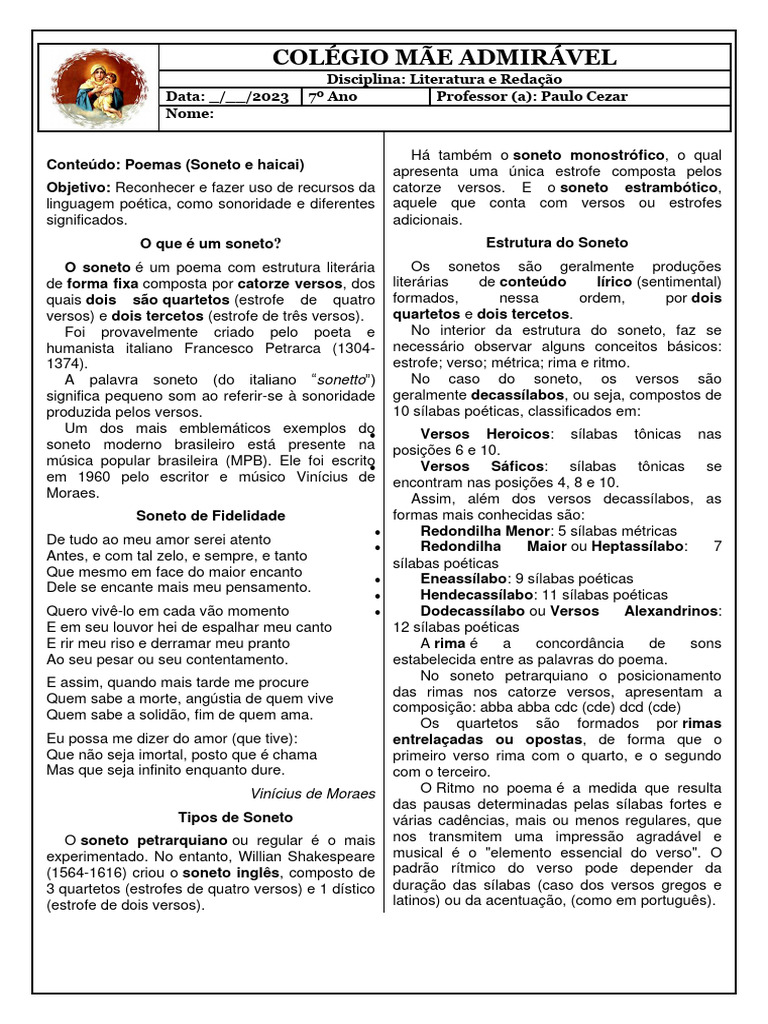 Atividades sobre Soneto e Haicai | PDF