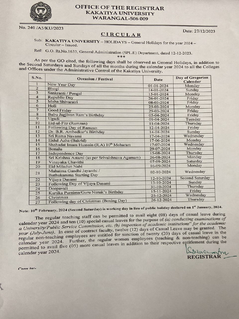 2666 KU General Holidays 2024 PDF