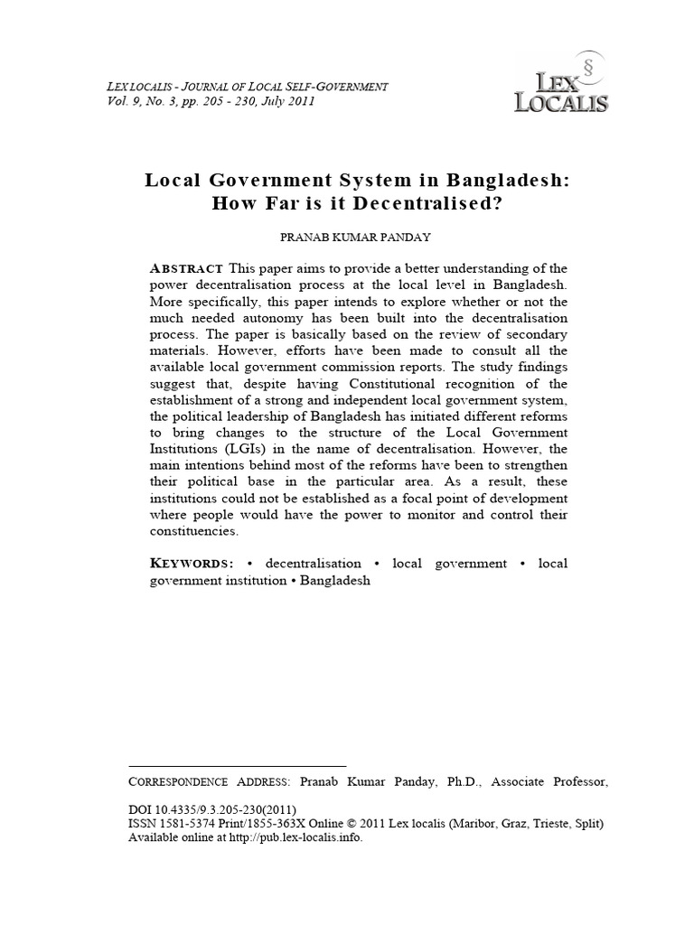 Decentralisation of Local Government in Bangladesh | PDF ...