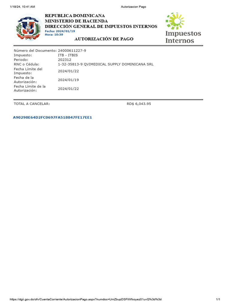 Autorización de Pago ITBIS 2023 RD | PDF | Derecho
