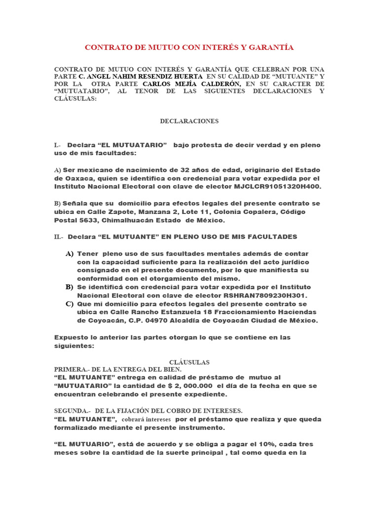 Contrato de Mutuo con Interés y Garantía | PDF | Dinero | Derecho privado