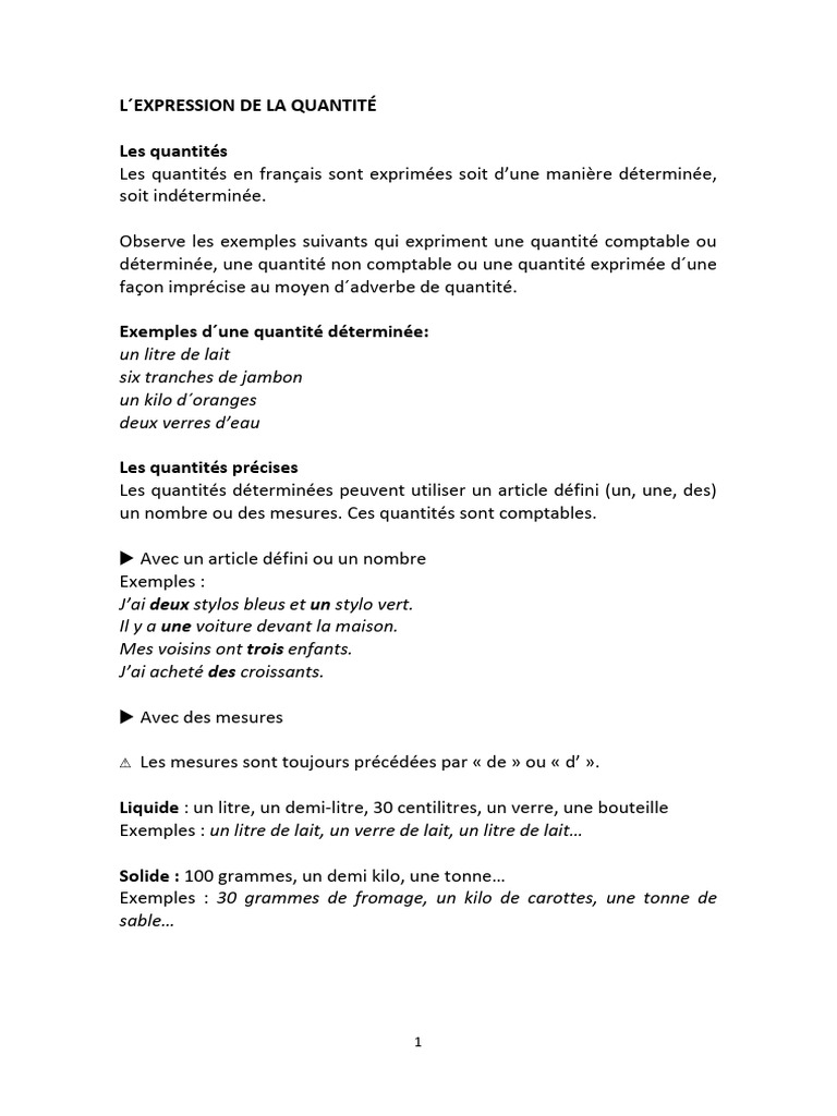Expressions de quantité en français | PDF | Nombre grammatical | Genre ...