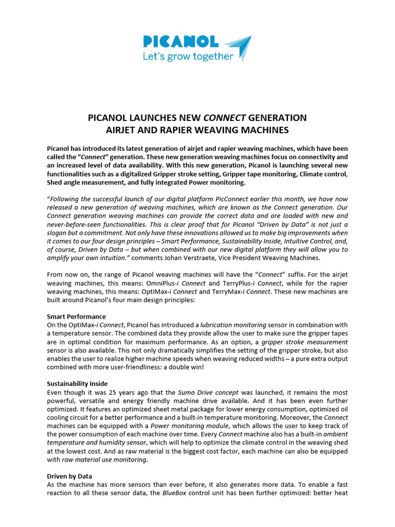 Picanol Launches New Connect Generation Airjet and Rapier Weaving ...