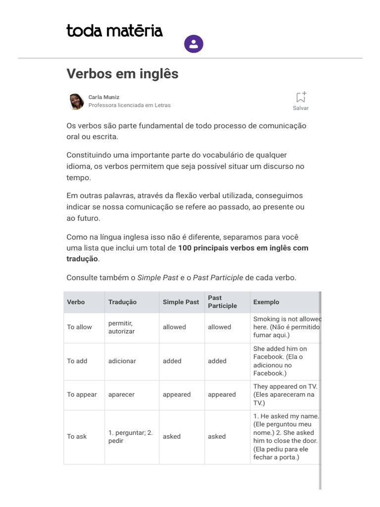 100 Verbos Mais Usados Em Inglês Toda Matéria Pdf Traduções
