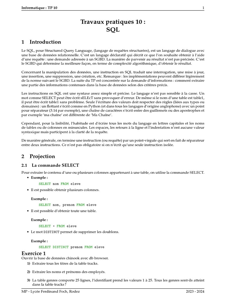 Introduction au SQL et exercices pratiques | PDF | SQL | Logiciel de ...
