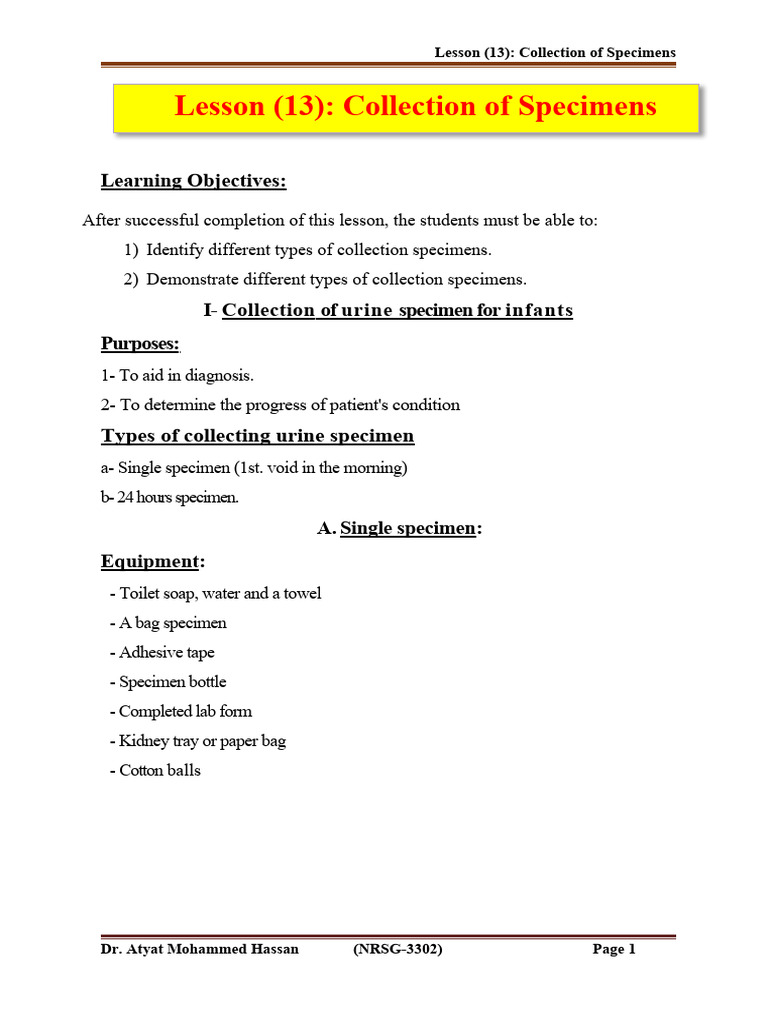 Lesson (13) Collection of Specimens | PDF | Hand Washing | Urine