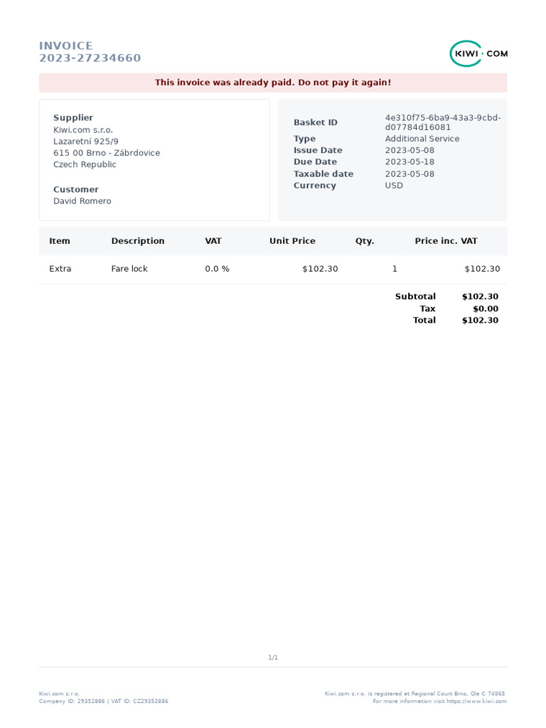Paid Invoice from Kiwi.com | PDF